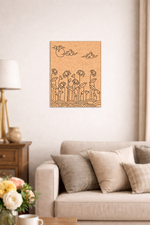 Decorative MDF DIY wall art with floral design above a beige sofa in a living room.