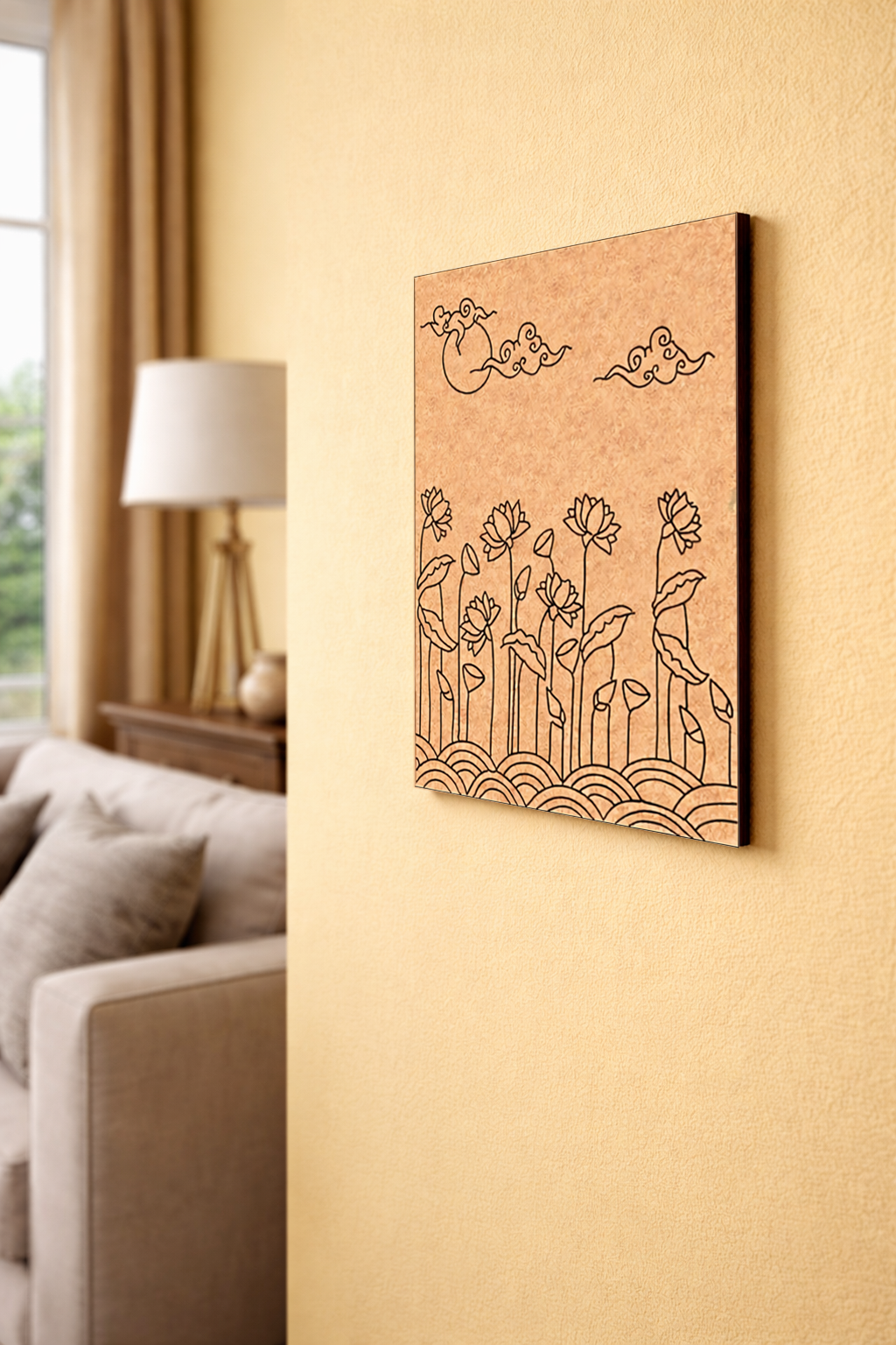 MDF DIY  wall art with floral design on a beige wall above a sofa