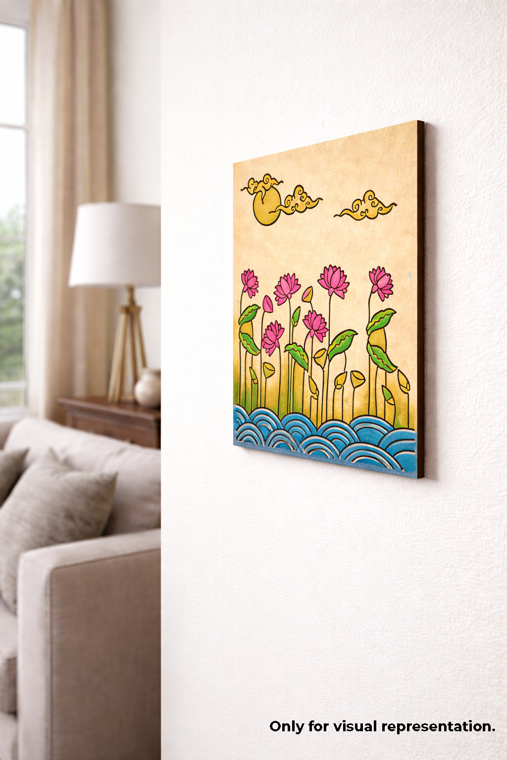 Decorative MDF DIY  wall art with flowers and birds on a wooden panel in a living room setting.