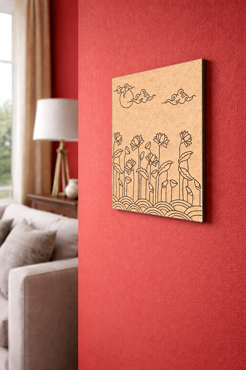 Decorative MDF DIY  wall art with floral design on a red wall in a living room.