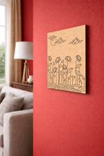 Decorative MDF DIY  wall art with floral design on a red wall in a living room.