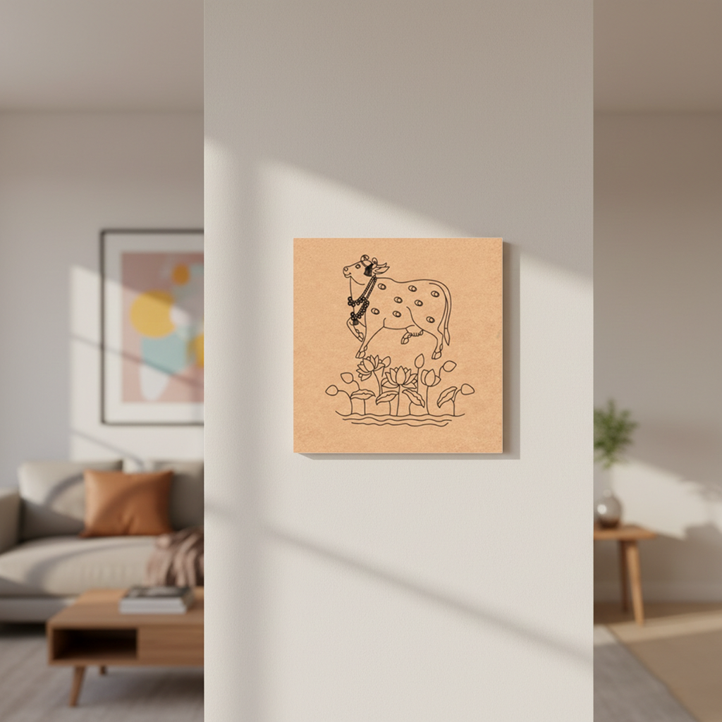 MDF DIY Framed artwork of a cow with flowers on a wall in a living room.
