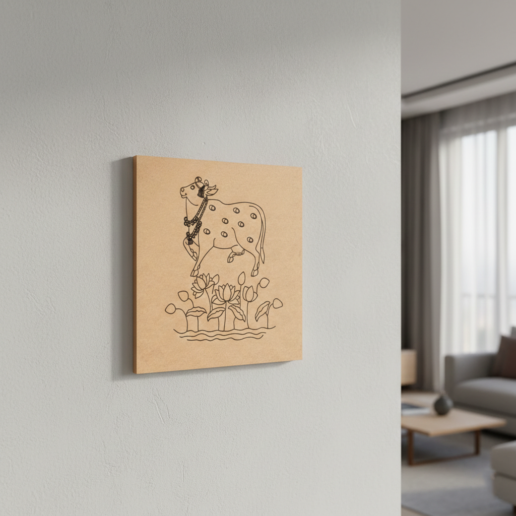 MDF DIY  wall art with a line drawing of a horse and flowers on a light gray wall.