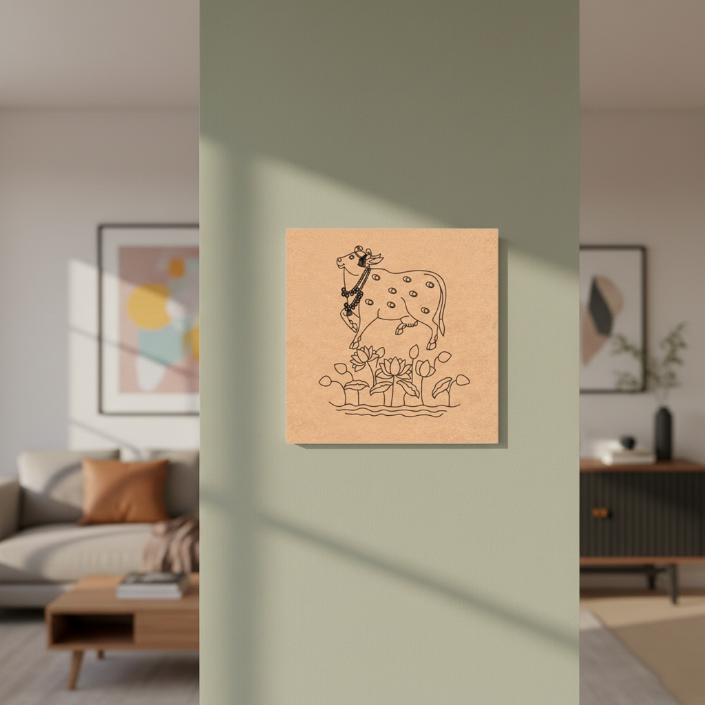 MDF DIY Framed artwork of a cow with flowers on a wall in a living room.