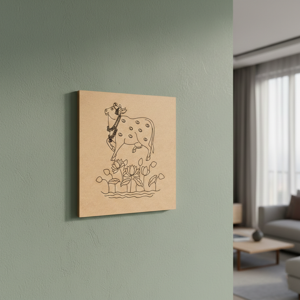 MDF DIY  wall art with a line drawing of a cow and flowers on a light green wall.