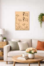 Living room with a beige sofa, wooden coffee table, and decorative MDF DIY  wall art.