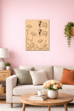 Living room with a pink wall, beige sofa, wooden coffee table, and decorative cow painting.