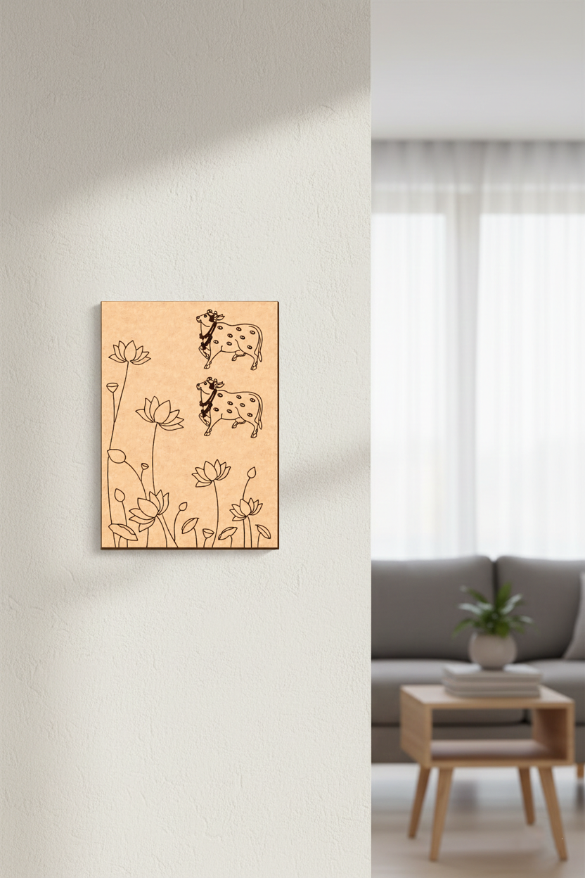 MDF DIY  wall art with cow and flower design in a modern living room.