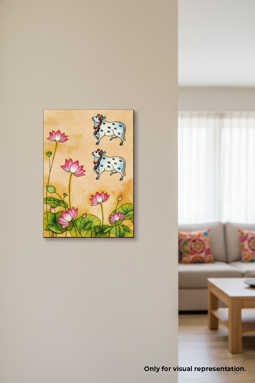 MDF DIY wall art  of cows and lotus flowers on a wall in a living room.