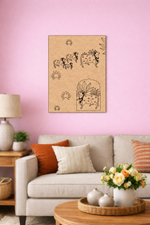 Living room with a beige sofa, decorative pillows, a lamp, and a MDF DIY  wall art piece on a pink wall.