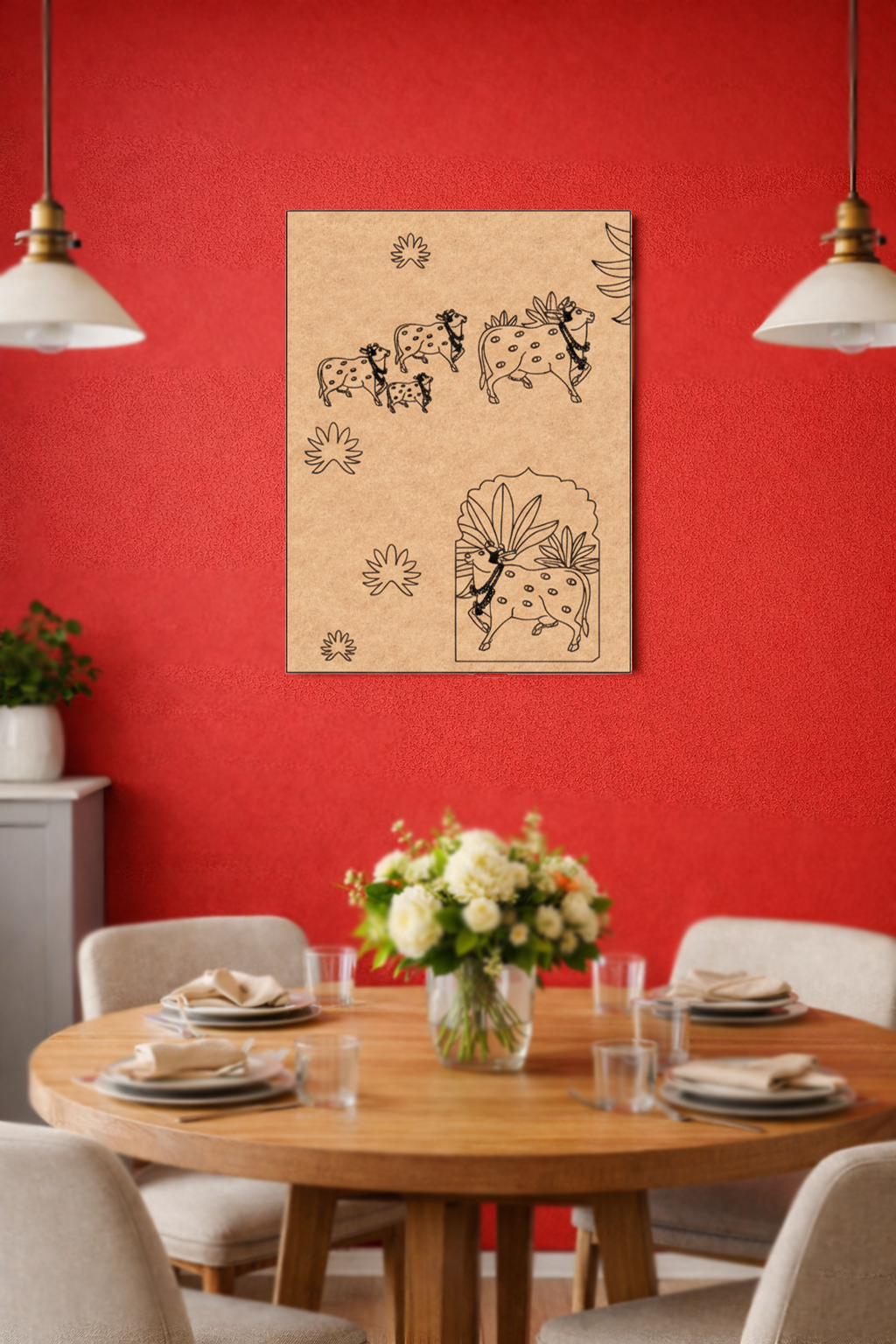 Dining room with a wooden table set for a meal, flowers in a vase, and a decorative MDF DIY wall piece on a red wall.