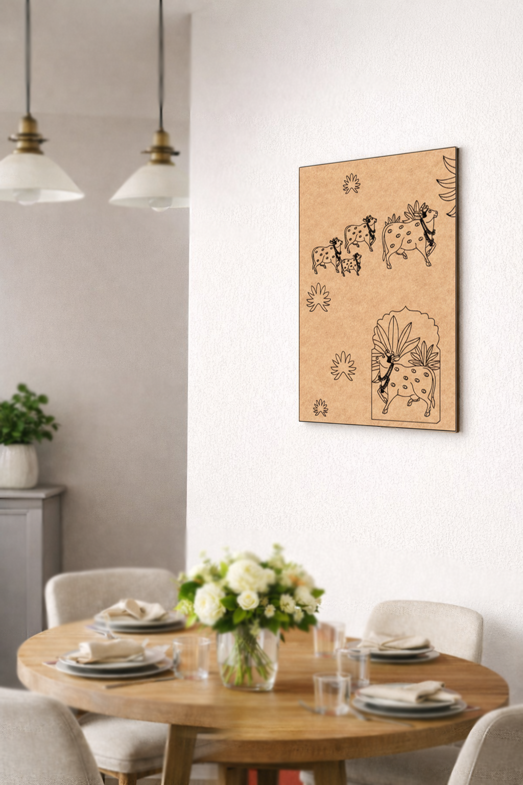 Dining room with a wooden table, chairs, and a MDF DIY wall art piece.