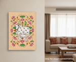 Decorative MDF DIY  wall art with a cow and flowers on a beige background, displayed in a living room.