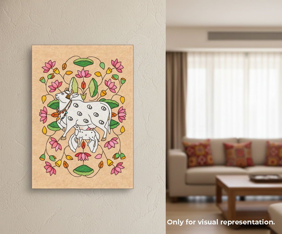 Decorative MDF DIY  wall art with a cow and flowers on a beige background, displayed in a living room.