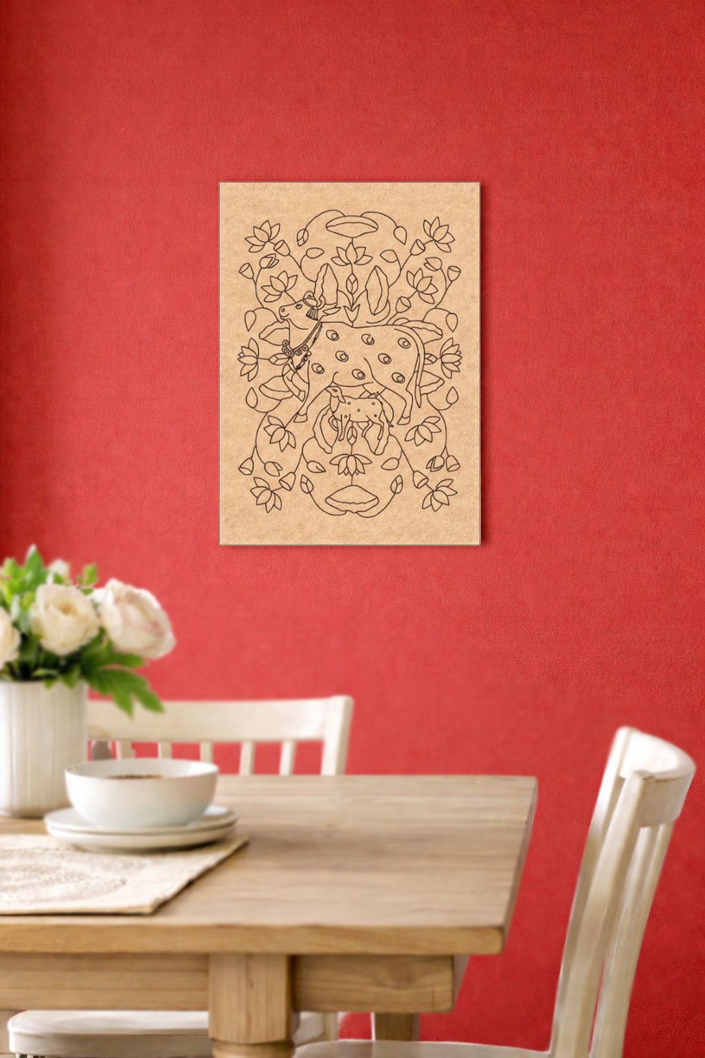 Dining room with a wooden table, chairs, and a decorative MDF DIY wall piece on a red wall.