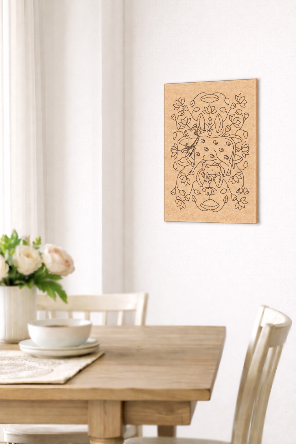 MDF DIY  wall art above a dining table with flowers and a newspaper.