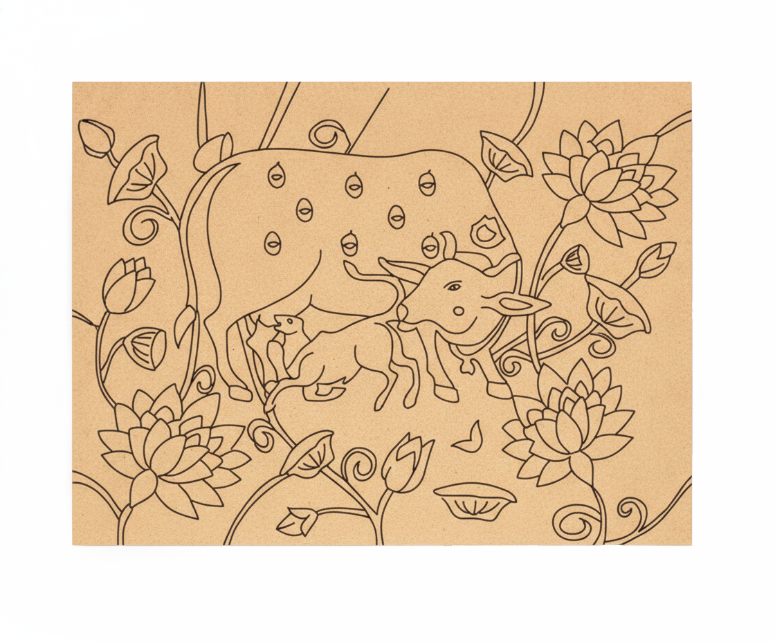Decorative with MDF DIY  line art of a cow and calf surrounded by flowers on a brown background