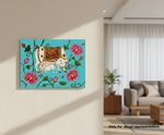 Decorative MDF DIY wall  painting of a cow with flowers on a wall in a living room.