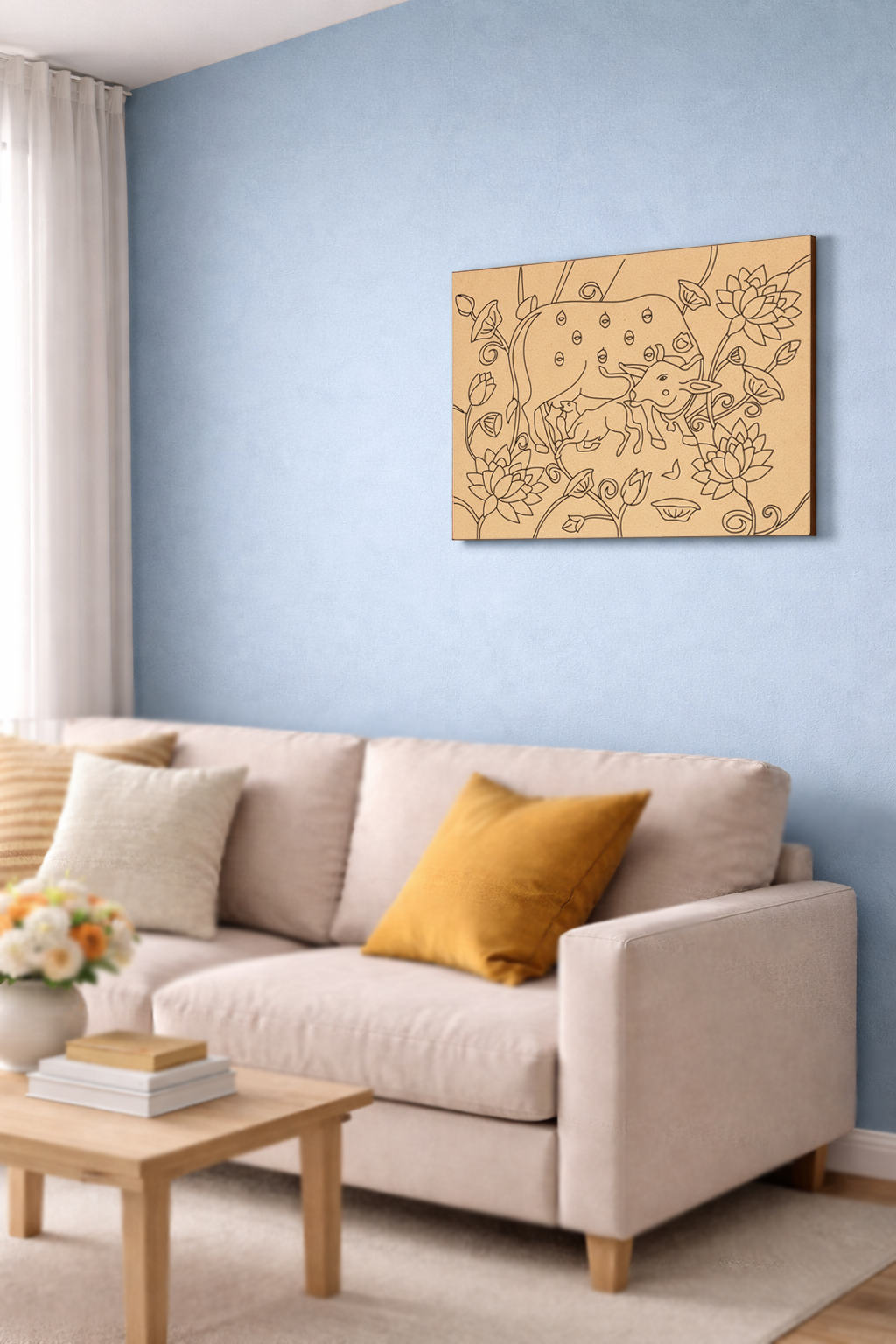  MDF DIY wall art with a deer design on a blue wall above a beige sofa.