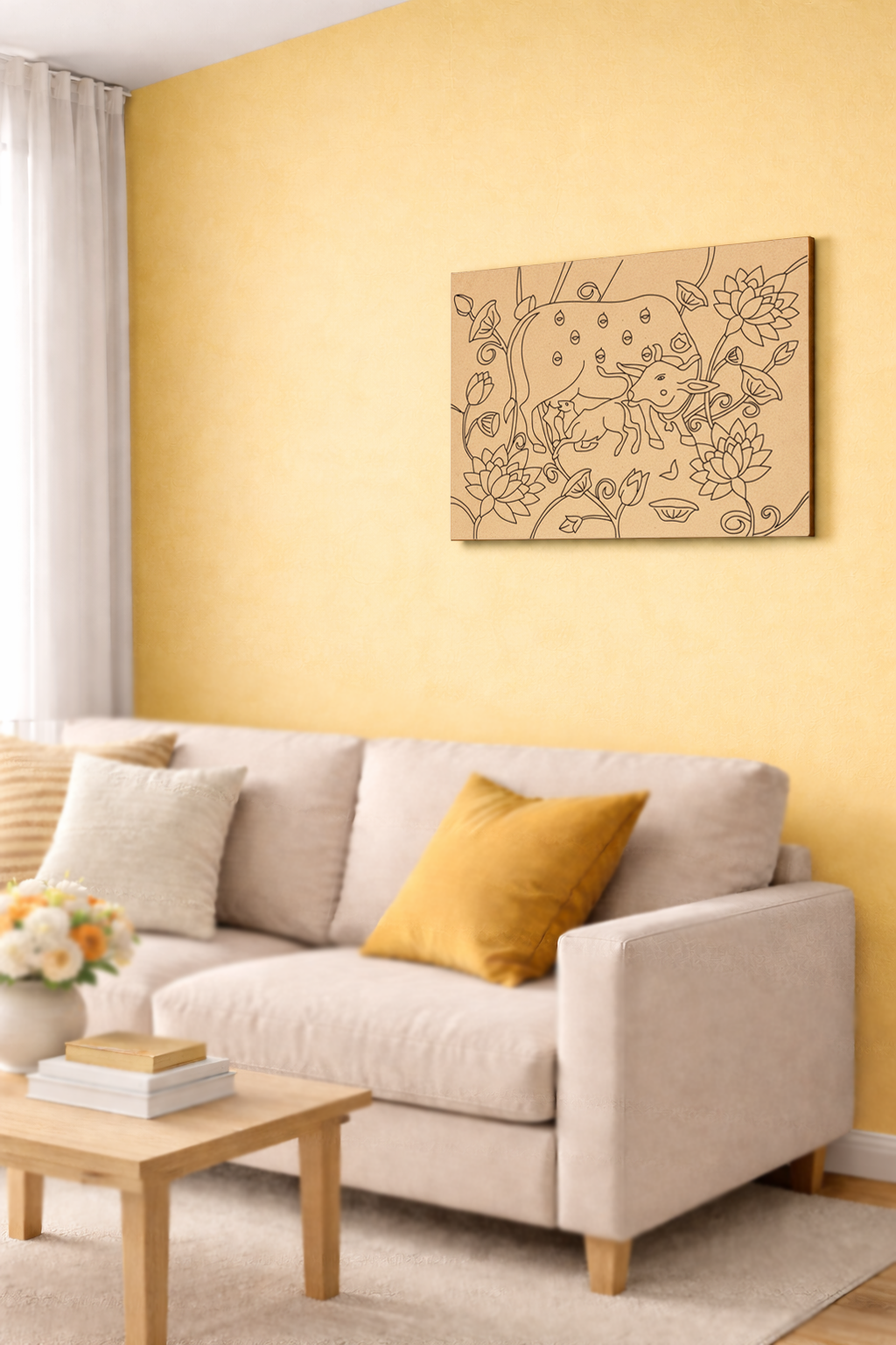 Living room with a beige sofa, yellow wall, and decorative MDF DIY  wall painting.
