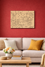 Decorative MDF DIY wall art with animals on a red wall above a beige sofa.