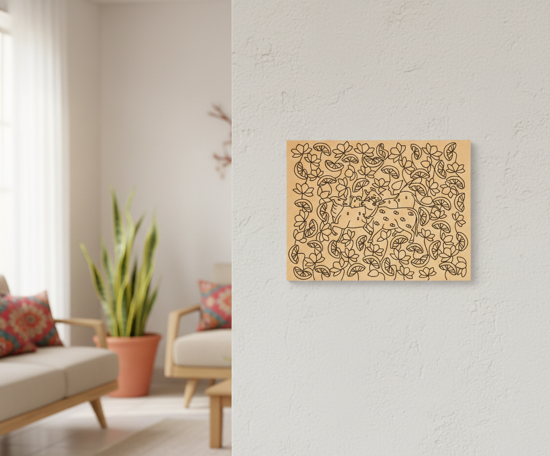 MDF DIY  wall art with floral pattern on a white wall in a living room.