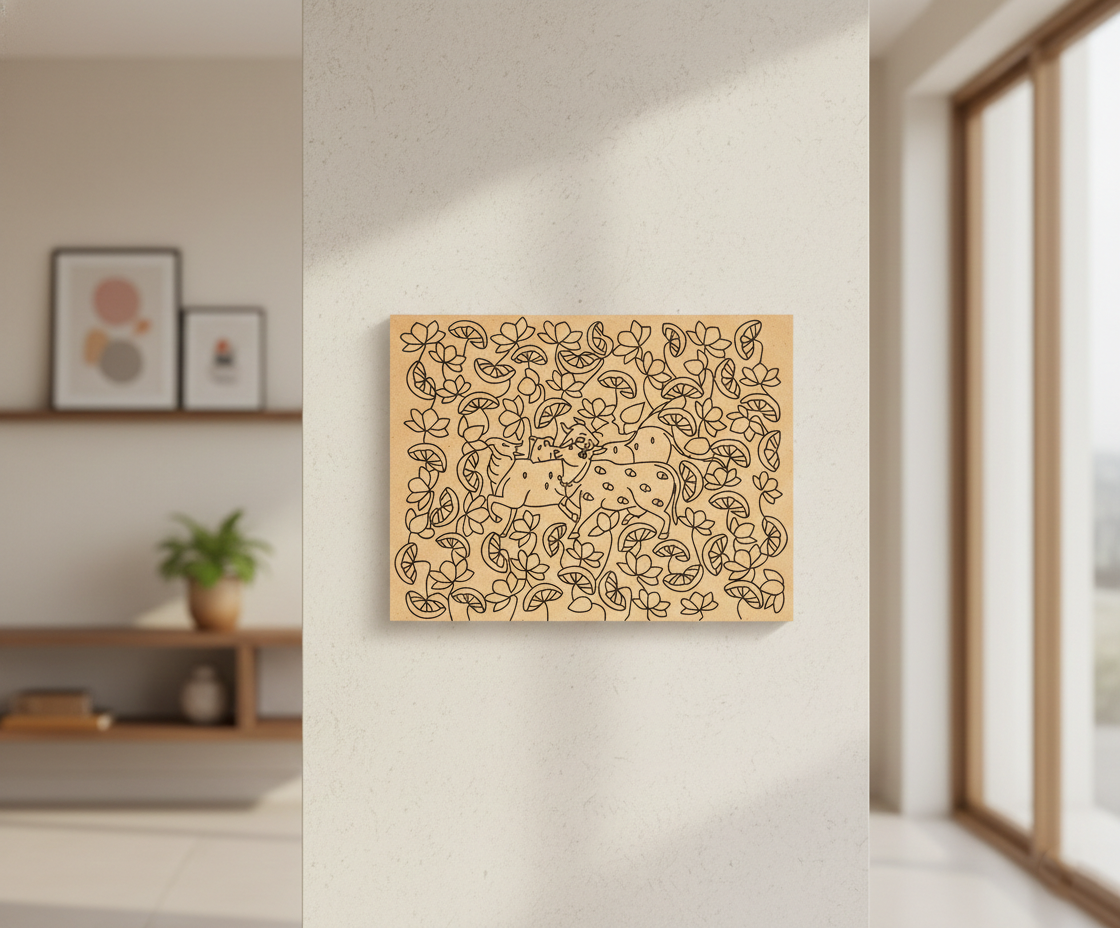 MDF DIY  wall art with floral pattern on a white wall in a room with a window and shelves.