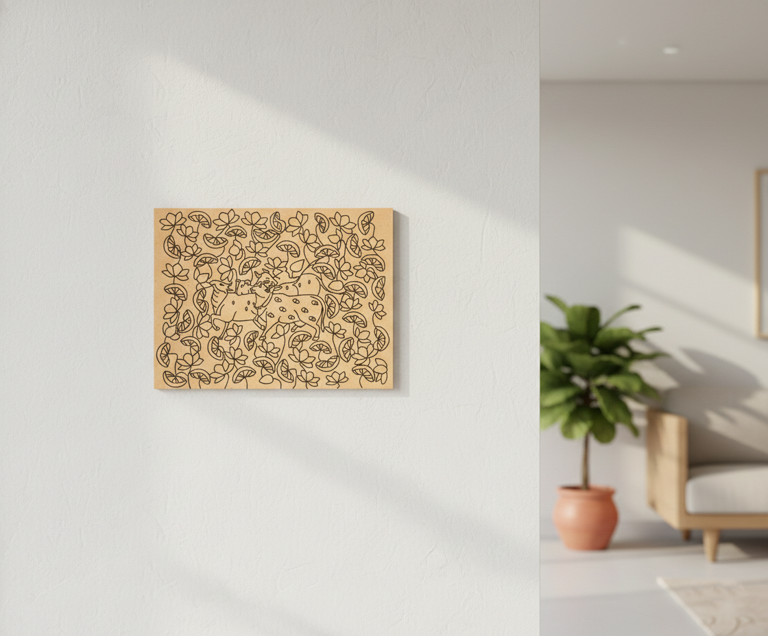 MDF DIY  wall art with abstract design on a white wall in a modern living room.