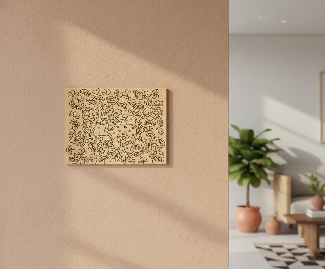 Decorative MDF DIY wall art with a geometric pattern on a beige wall, with a living room in the background.