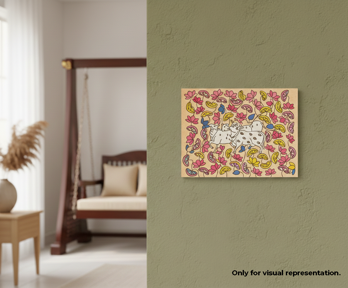 Decorative MDF DIY wall art with a floral design and cat illustration on a green wall.