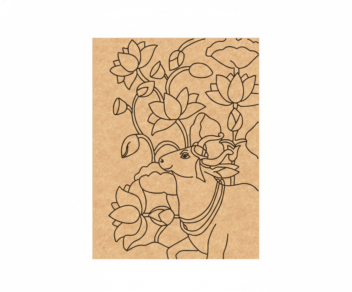 Decorative MDF DIY wall art  with a line drawing of a cow among lotus flowers on brown paper.