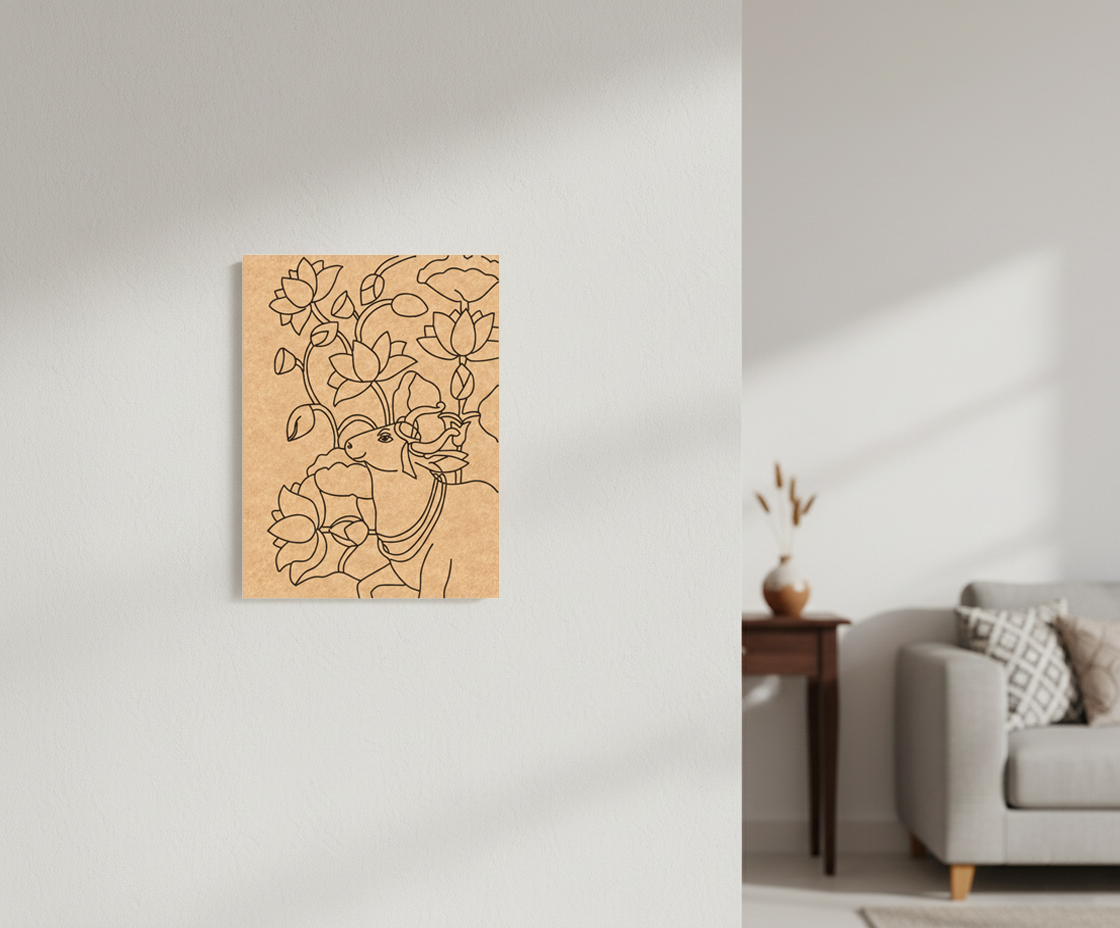 Minimalist living room with a MDF DIY  wall art piece of a line drawing on a beige background.