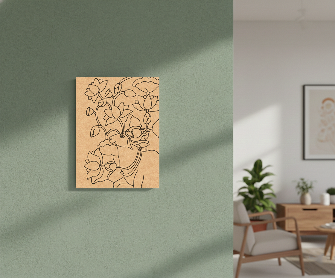 Decorative MDF DIY wall art with floral design on a green wall, shown in a living room setting.