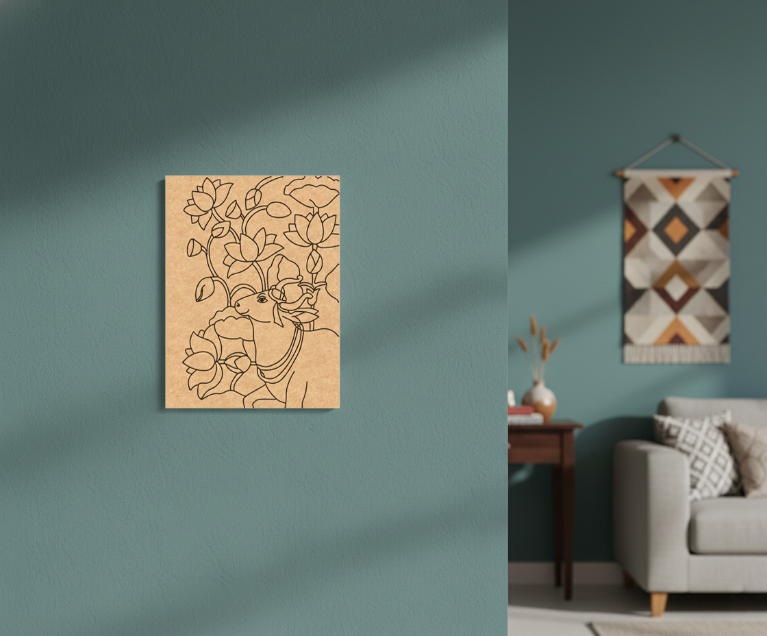MDF DIY wall art with floral design on a teal wall, next to a living room with a sofa and decorative pillows.