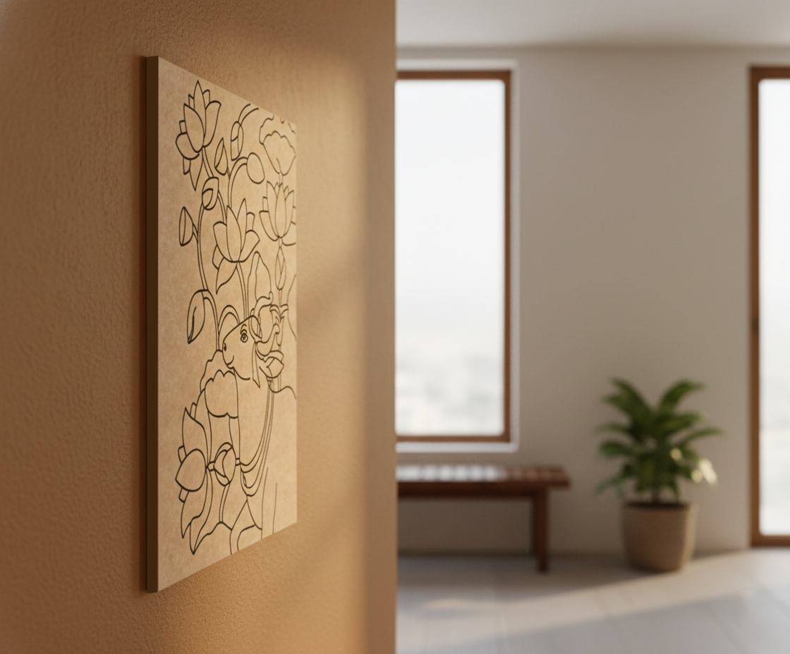 Decorative MDF DIY wall art on a beige wall with a blurred room in the background