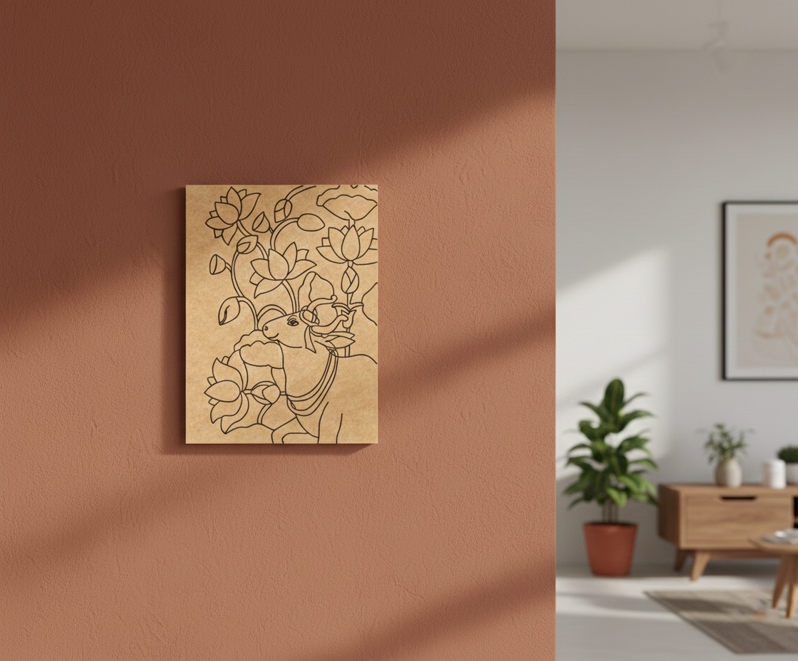 MDF DIY  wall art with floral design on a brown wall, next to a living room with a wooden cabinet and plants.