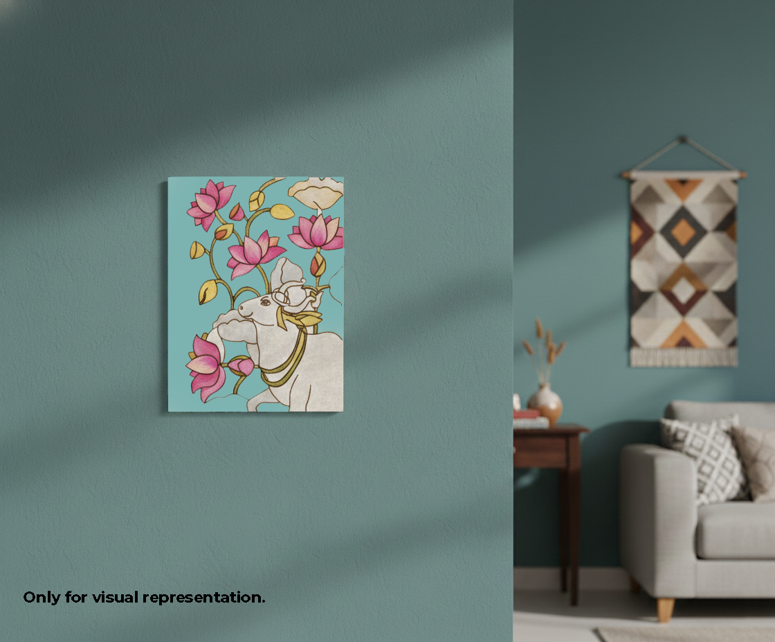 Decorative MDF DIY wall art of a cow with flowers on a teal wall.