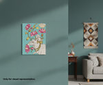 Decorative MDF DIY wall art of a cow with flowers on a teal wall.