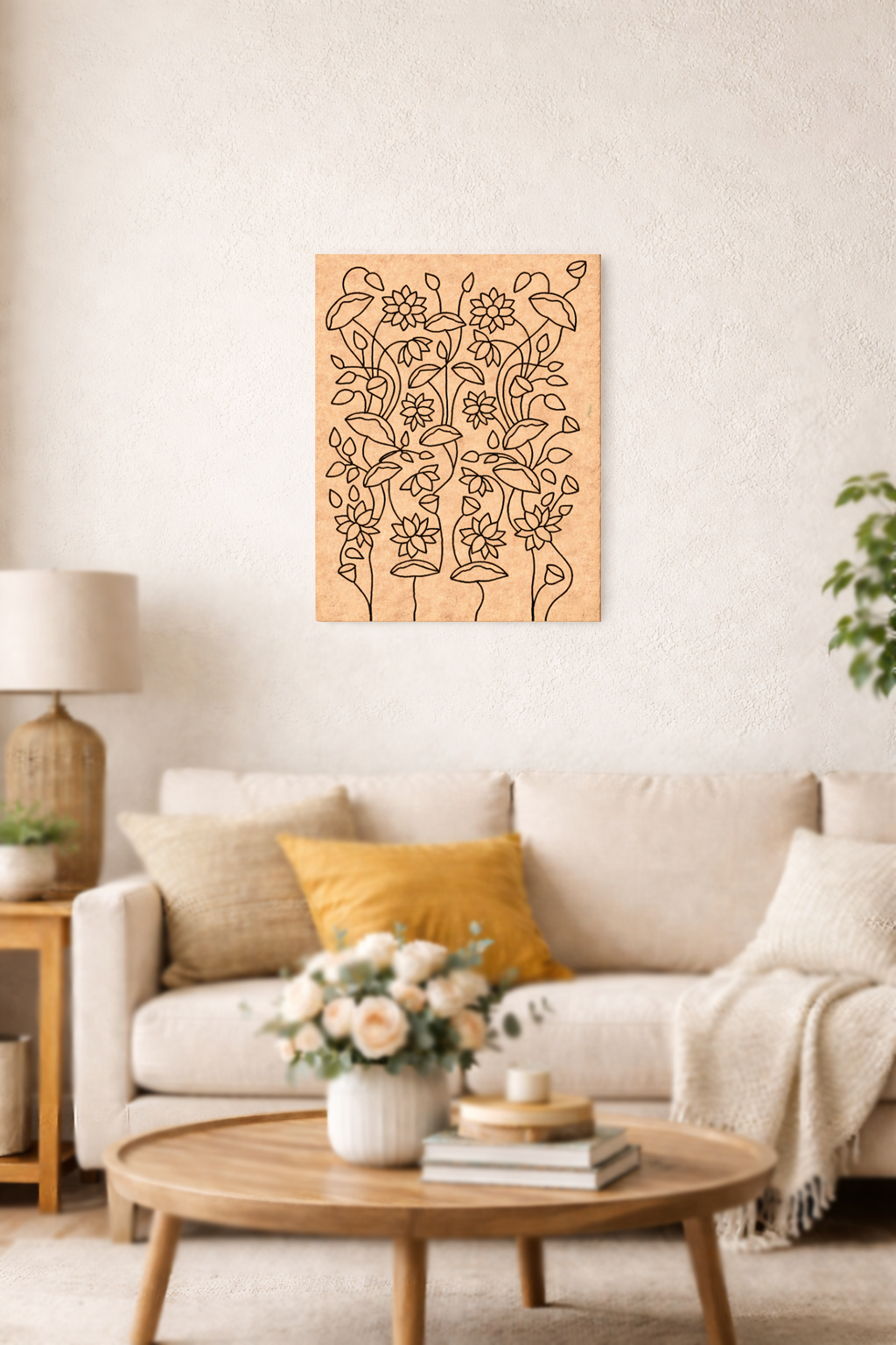 Decorative MDF DIY wall art above a sofa in a living room