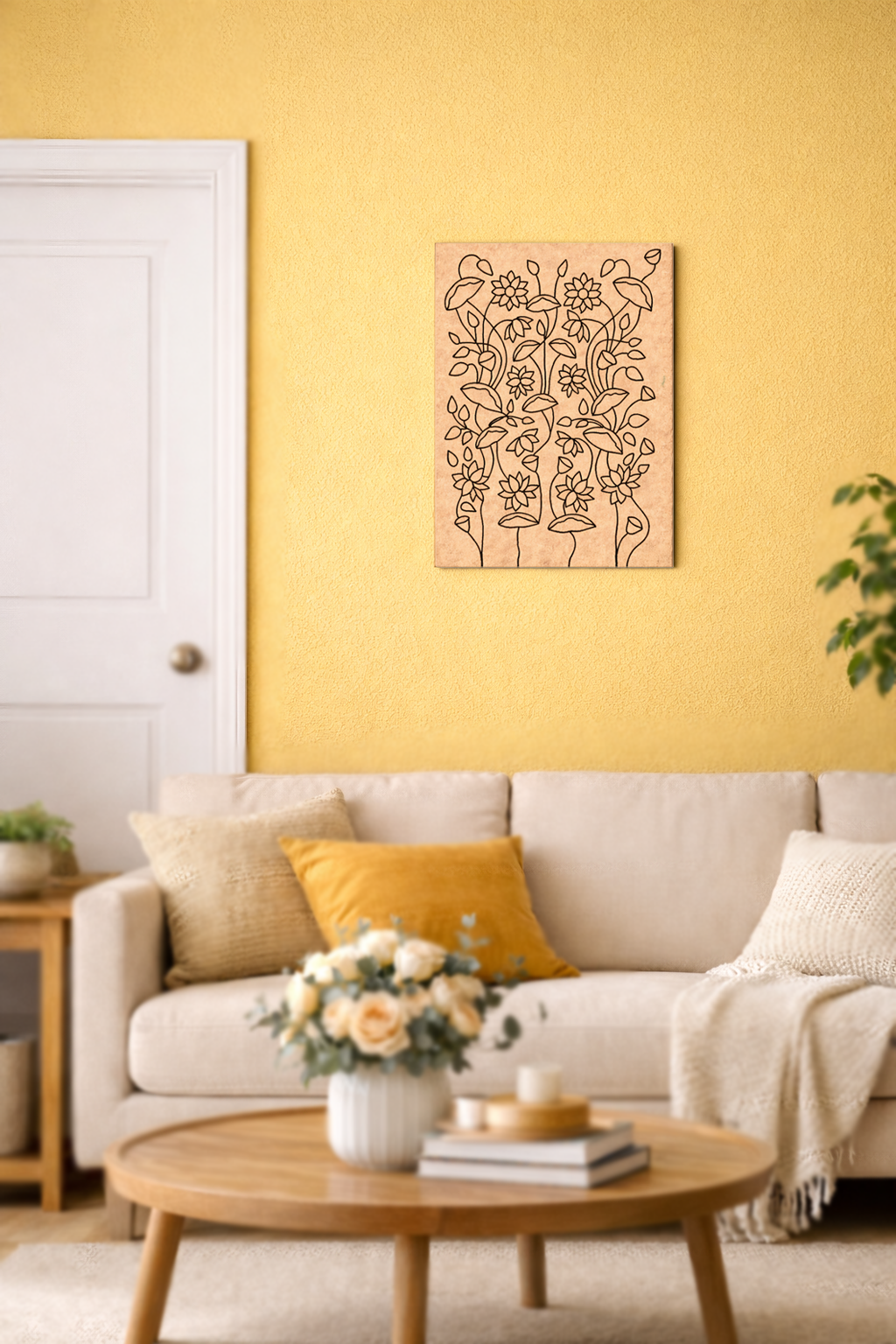 Living room with a beige sofa, wooden coffee table, and decorative MDF DIY  wall art on a yellow wall.