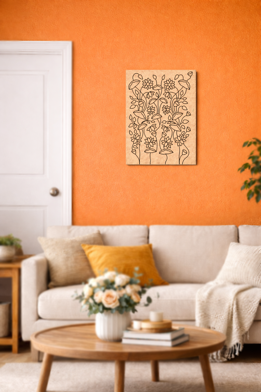 Living room with orange wall, beige sofa, and decorative elements.