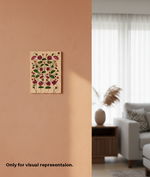 Floral painting on a wall with a blurred living room in the background