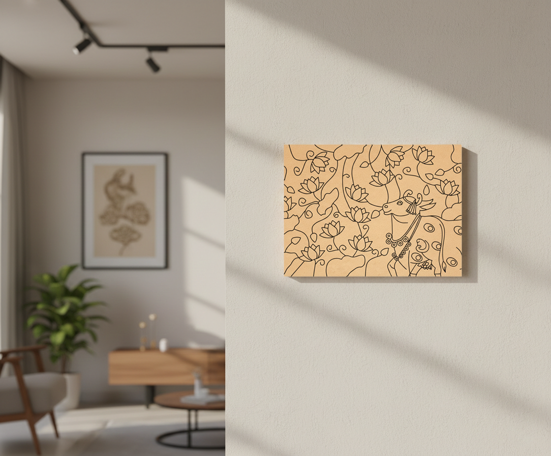 Decorative MDF DIY  wall art with abstract design on a light-colored wall in a room with furniture and plants.