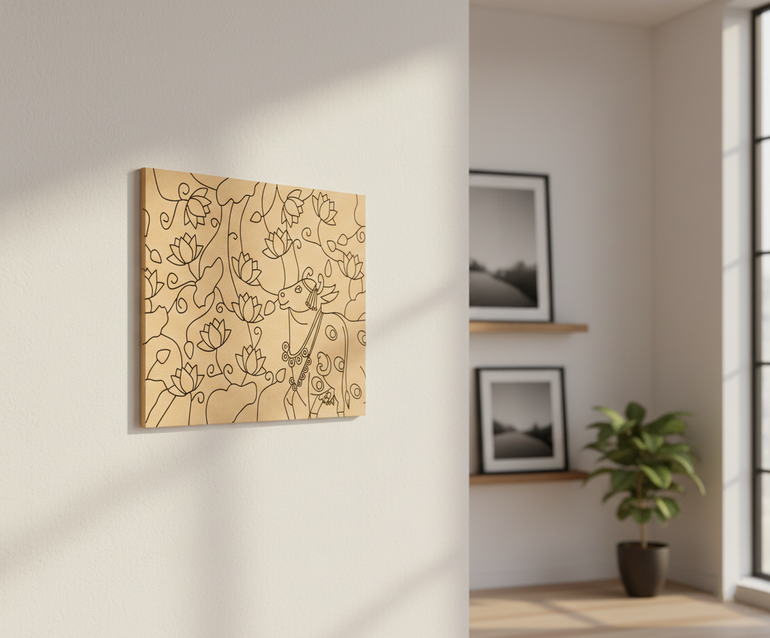 Decorative MDF DIY wall art with abstract design on a light gray wall in a room with a plant and framed pictures.