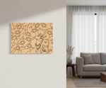 Decorative MDF DIY wall art with a cow and floral design on a beige background, displayed in a living room.