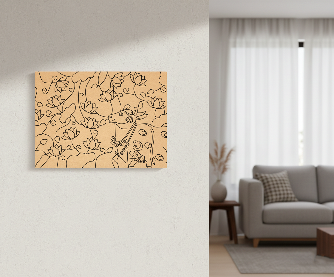 Decorative MDF DIY wall art with a cow and floral design on a beige background, displayed in a living room.