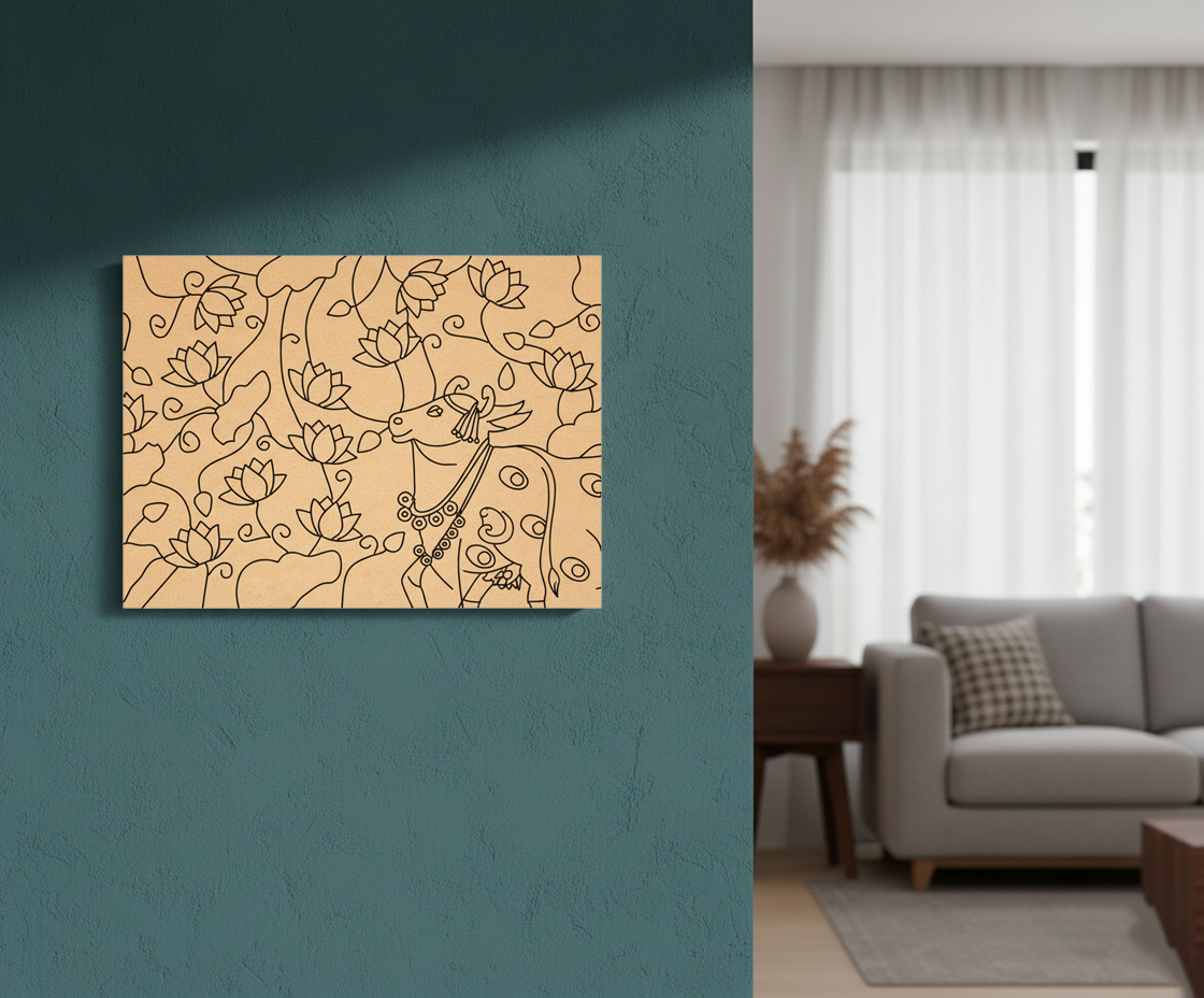 MDF DIY  wall art with abstract design on a teal wall in a living room.