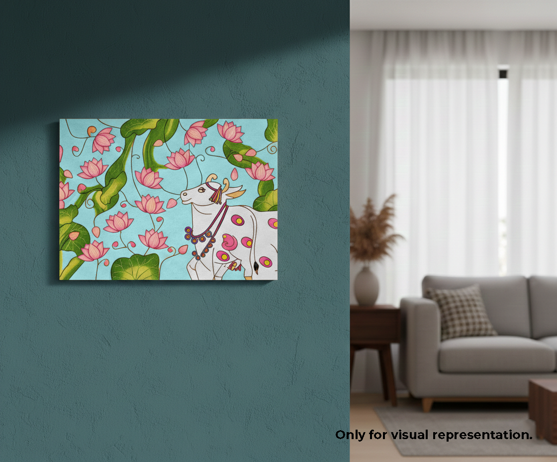 MDF DIY wall art of a cow among flowers on a teal wall in a living room.