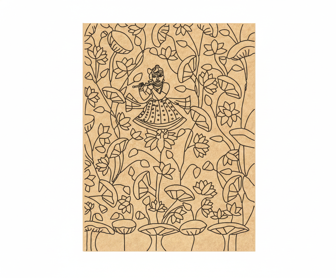 MDF DIY wall art with a decorative cover featuring a pattern of a person playing a flute among flowers and leaves.