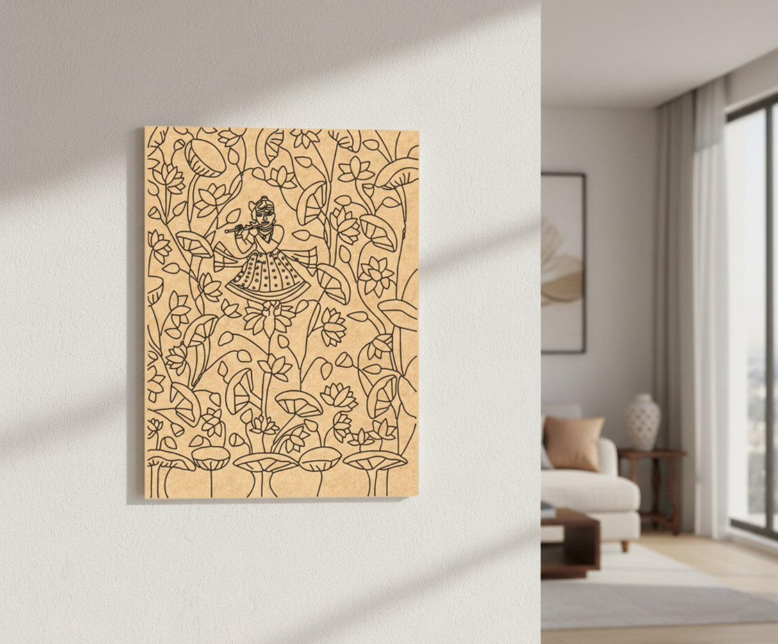 MDF DIY  wall art with intricate line design in a modern living room.